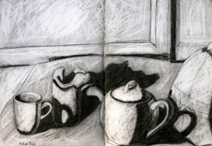 Kelise Franclemont, still life (white objects), 2009, charcoal on paper. Photo credit Kelise Franclemont.