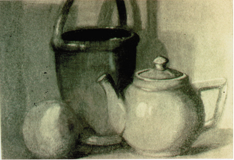 Lee Franclemont, still life (teapot, orange, pail), 1940s, charcoal on paper. Photo credit John FN Franclemont.